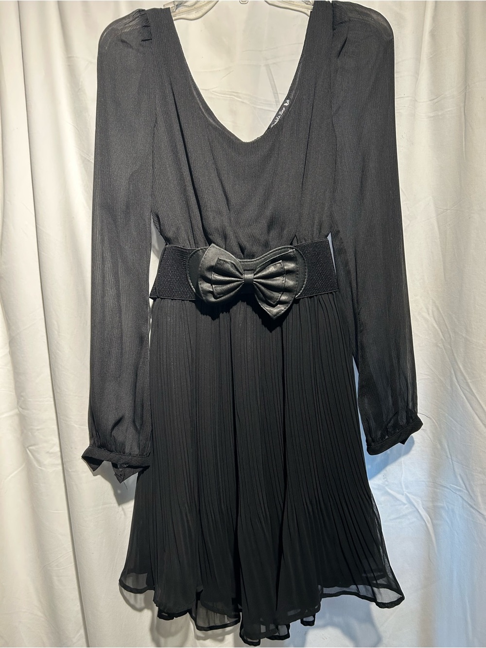 Double Zero black pleated chiffon mini dress bow belt open back size M